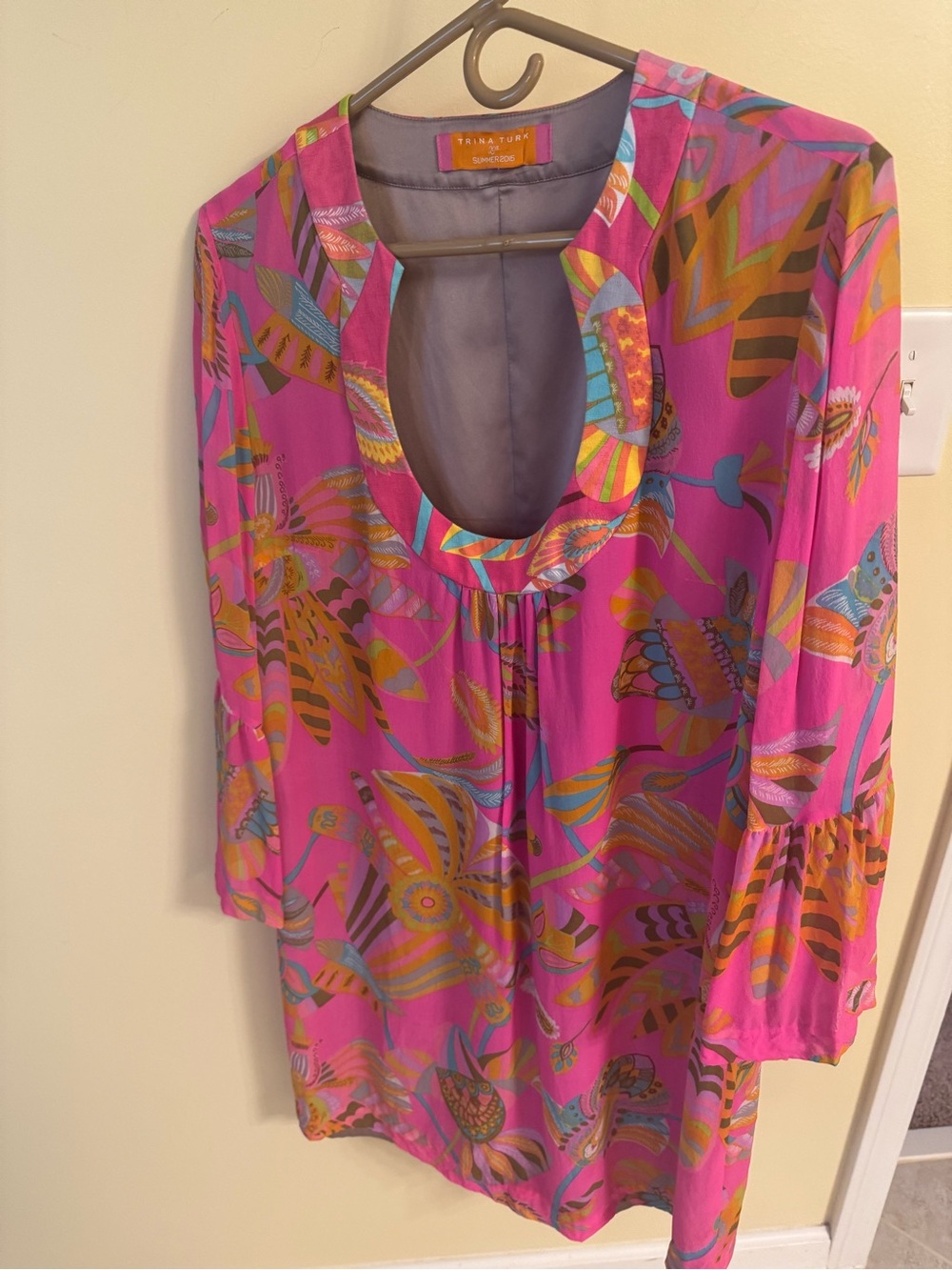 Trina Turk Bright Pink Multicolor Printed Keyhole Dress Silk M/L